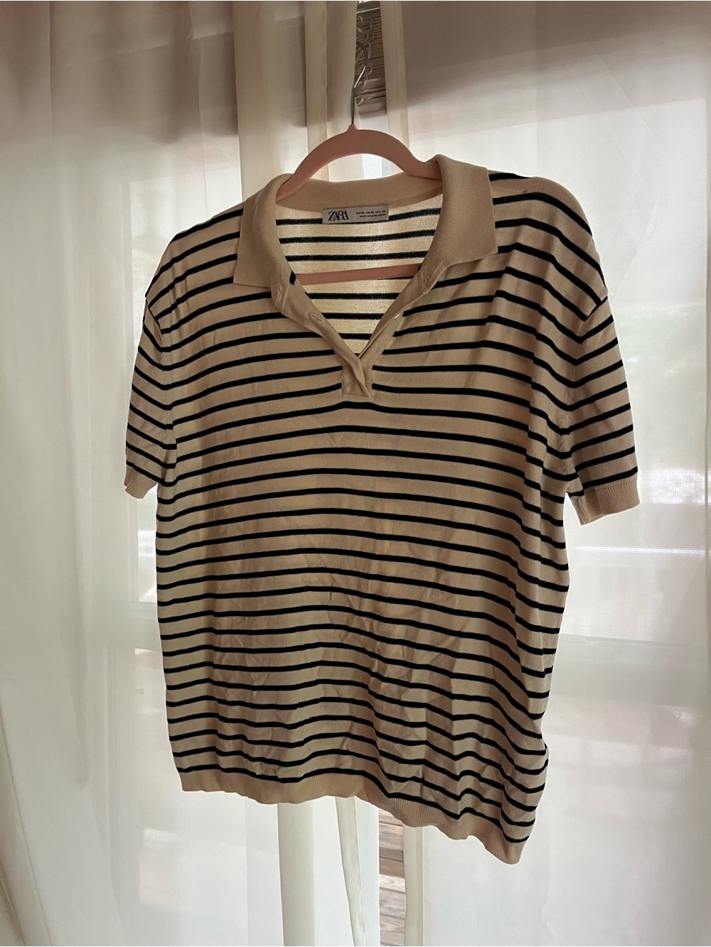 Zara Cream and Black Striped Knit Polo